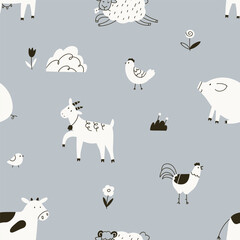 Scandi-style farm animals, seamless pattern. Cute doodle country background. Black and white countryside repeating print with chicken, cow, pig and goat. Kids flat graphic vector illustration - obrazy, fototapety, plakaty