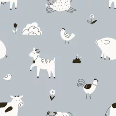 Fotobehang Scandi-style farm animals, seamless pattern. Cute doodle country background. Black and white countryside repeating print with chicken, cow, pig and goat. Kids flat graphic vector illustration © Good Studio