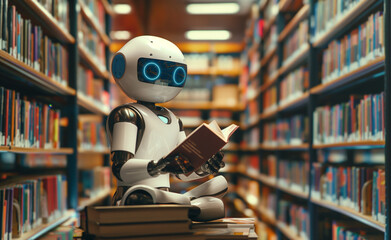 AI robot sitting and reading book in library. Embracing knowledge in the digital age.