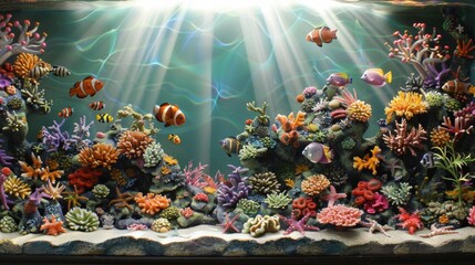 Obraz na płótnie Canvas Vibrant Underwater Coral Reef Aquarium Scene with Tropical Fish