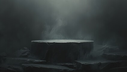 A stone round podium on a dark background with fog and a mountain scene for product presentation.  - obrazy, fototapety, plakaty