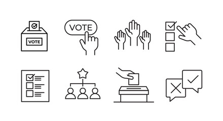 Vote icon set. Voting symbol collection. Election, ballot box, candidate, raising hands and right choice