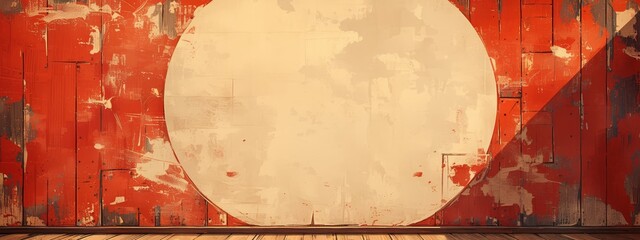 A vintage circus background with an empty round stage, painted in red and white tones, featuring faded Japanese flag patterns. 