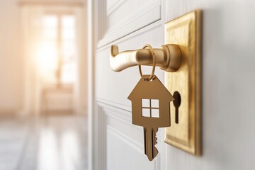 House key in door lock, sunlight in hallway