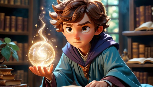Animated image of a young male wizard in training, holding a glowing magical orb with an expression of curiosity and wonder.. AI Generation
