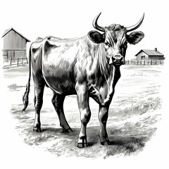 Black and white illustration of bull cow. Vintage style.