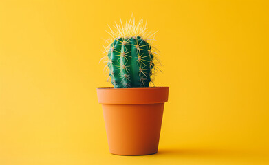 Sunny Succulence: Solo Cactus in a yellow pot on yellow background. 