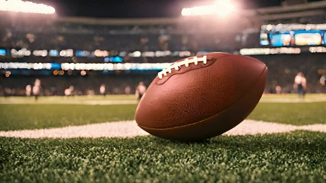 Close-up of American Football on Field with Stadium in Background