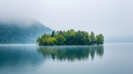 Solitude Island on a Foggy Lake