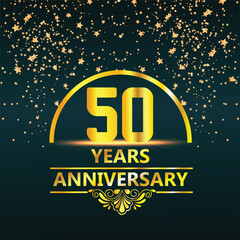 50th Anniversary logo design with golden numbers and red ribbon for anniversary celebration event, invitation, wedding, greeting card, banner, poster, flyer, brochure, book cover. Logo Vector Template