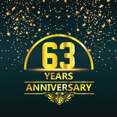 63th Anniversary logo design with golden numbers and red ribbon for anniversary celebration event, invitation, wedding, greeting card, banner, poster, flyer, brochure, book cover. Logo Vector Template