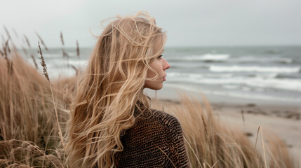 Blonde woman gazing at Scandinavian beach, Denmark coastal landscape.
