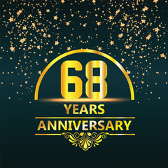 68th Anniversary logo design with golden numbers and red ribbon for anniversary celebration event, invitation, wedding, greeting card, banner, poster, flyer, brochure, book cover. Logo Vector Template