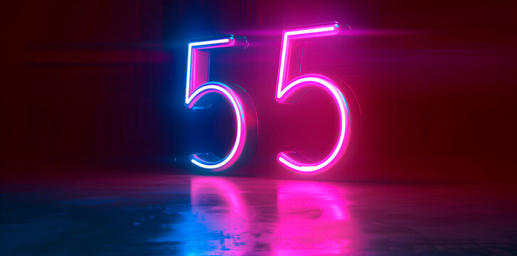Neon light number 55 on concrete wall, colorful glow.	