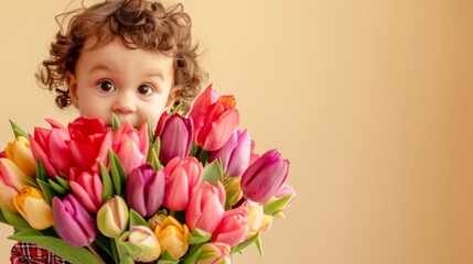Obraz na płótnie Canvas Adorable Curly-Haired Toddler Peeking over Colorful Tulip Bouquet
