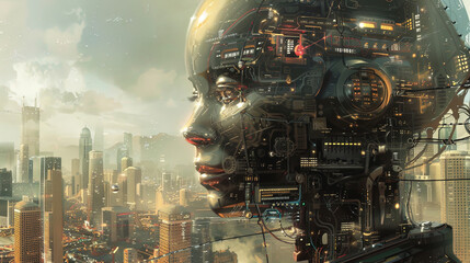 a giant metallic artificial intelligence head gazing at city