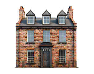 Traditional red brick English house with steep roof and a lot of windows on transparent Background.