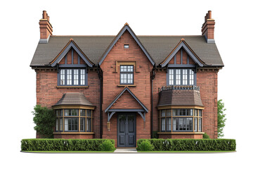 Traditional red brick English house with steep roof and a lot of windows on transparent Background. - 781931324