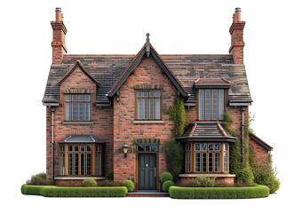 Traditional red brick English house with steep roof and a lot of windows on transparent Background. - 781931325