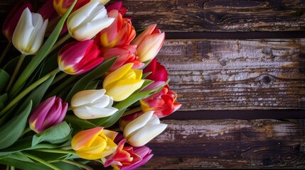 Vibrant Tulips on Rustic Wood Backdrop for Spring Season - obrazy, fototapety, plakaty