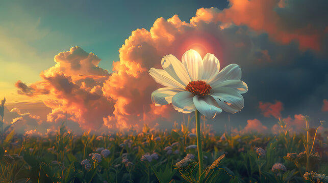 Large White Flower On Lush Green Field Beneath Colorful Sky And Sun In Background