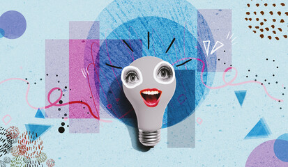 Idea light bulb with human eyes and mouth - Photo collage design