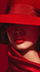 A woman wearing a red hat and scarf is the main focus of the image. The hat and scarf are red, which creates a bold and striking contrast against the woman's face