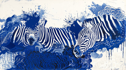 Two zebras are lying on a blue and white background. The blue and white colors create a sense of calmness and serenity. The zebras are resting and enjoying the peaceful environment - obrazy, fototapety, plakaty