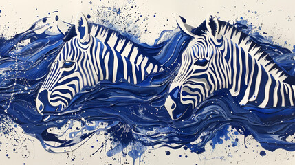 Fototapeta na wymiar Two zebras are swimming in the ocean. The water is blue and white. The zebras are surrounded by splashes of color