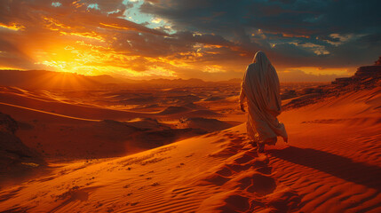 A man is walking across a desert with a sunset in the background. The scene is serene and peaceful, with the man's presence adding a sense of solitude and contemplation to the landscape - obrazy, fototapety, plakaty