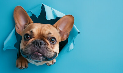 Dog peeking out of a hole in blue paper background, smiling dog portrait