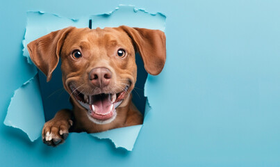 Dog peeking out of a hole in blue paper background, smiling dog portrait