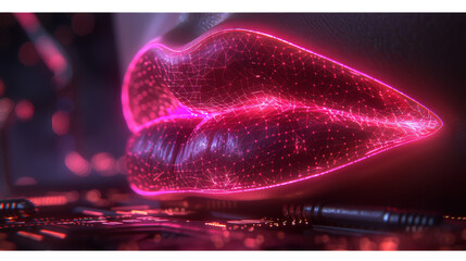 A close up of a pink lip with a red glow. The lips are surrounded by a black background - obrazy, fototapety, plakaty