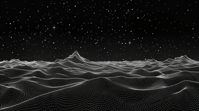 A black and white image of a starry night sky with mountains in the background. The stars are scattered throughout the sky, creating a sense of depth and vastness