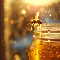 Macro shot of bee in the honey jar on wooden table