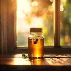 Macro shot of bee in the honey jar on wooden table