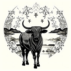 Black and white illustration of bull cow. Vintage style.