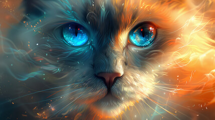 A cat with blue eyes and orange and blue fur. The cat is looking at the camera. The image has a dreamy, whimsical feel to it