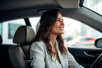 A smiling woman driving a car, dressed professionally, showcasing confidence and joy during an urban commute.