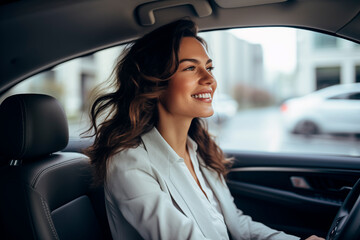 A smiling woman driving a car, dressed professionally, showcasing confidence and joy during an urban commute.