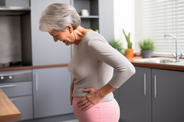 A senior woman in a kitchen, grimacing in pain, holding her back, showing signs of discomfort and concern.