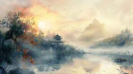 Naklejka premium Misty Oriental Landscape with Pagoda at Dawn