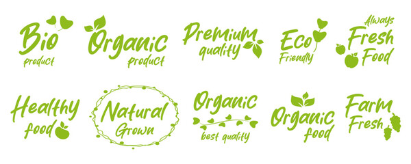 Organic food, natural product stickers, badge and tag for organic, natural products promotion, food market and more.