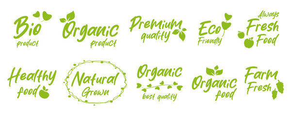 Organic food, natural product stickers, badge and tag for organic, natural products promotion, food market and more.