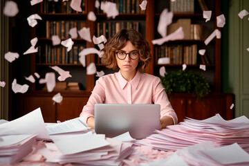 A stressed businesswoman overwhelmed with paperwork, sitting at a cluttered desk in an office.