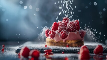 close-up image features a dessert consisting of a tart with whipped cream, fresh raspberries, and mint leaves on a grey plate. There is powdered sugar being sprinkled over the tart - obrazy, fototapety, plakaty