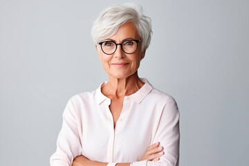 An elegant senior woman with white hair and a soft pink blouse stands confidently, displaying a serene and dignified smile.