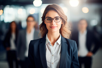 A confident businesswoman stands at the forefront, with her team subtly blurred in the background.