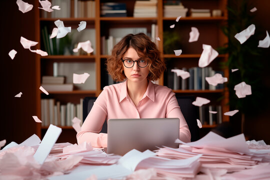 A stressed businesswoman overwhelmed with paperwork, sitting at a cluttered desk in an office.