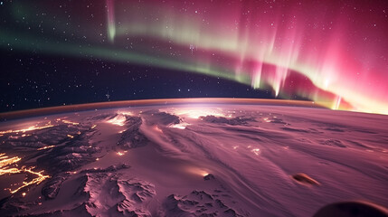 Auroras over a snowy, icy landscape at night.